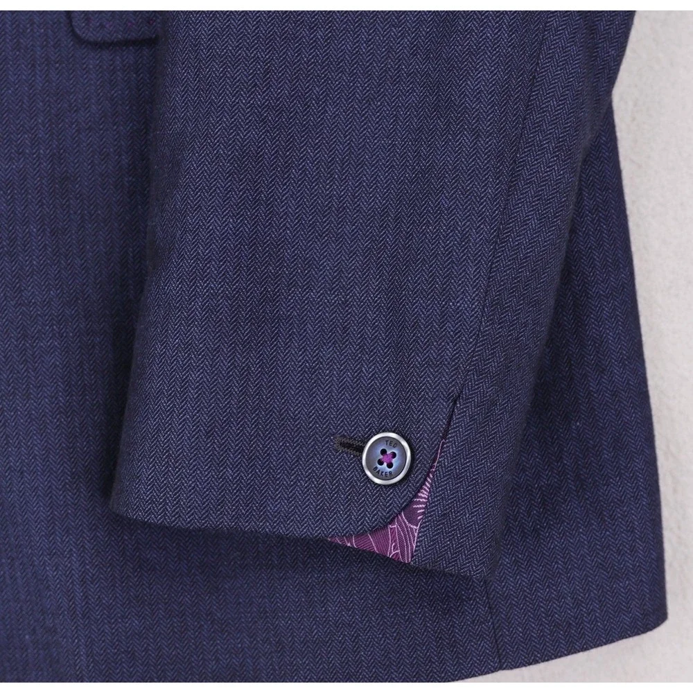 Ted Baker Blazer Sport Coat Size 3 (38) Blue Linen Cotton Purple Lining Popping